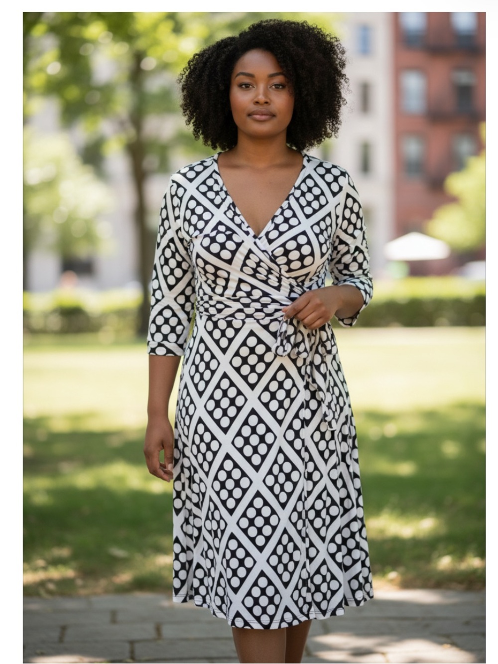 Black and White Geometric Stretch Mock Wrap Dress w/ Sash